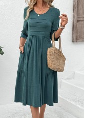 Turquoise dresses,Plain Color dresses,Everyday dresses,Casual dresses,ROTITA Zipper Turquoise Round Neck 3/4 Sleeve Dress