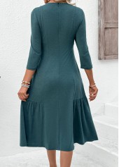 Turquoise dresses,Plain Color dresses,Everyday dresses,Casual dresses,ROTITA Zipper Turquoise Round Neck 3/4 Sleeve Dress