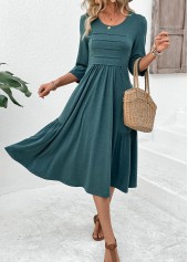 Turquoise dresses,Plain Color dresses,Everyday dresses,Casual dresses,ROTITA Zipper Turquoise Round Neck 3/4 Sleeve Dress
