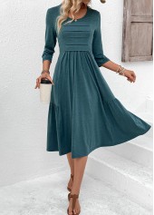 Turquoise dresses,Plain Color dresses,Everyday dresses,Casual dresses,ROTITA Zipper Turquoise Round Neck 3/4 Sleeve Dress