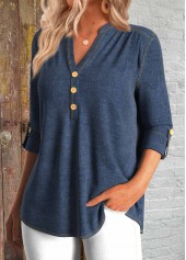 Denim Blue tops,Plain Color tops,ROTITA Split Denim Blue 3/4 Sleeve Tunic Shirt