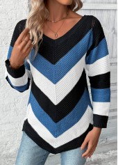 Blue tops,Contrast Color tops,Patchwork Blue V Neck Long Sleeve Sweater