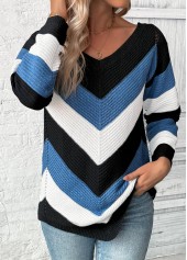 Blue tops,Contrast Color tops,Patchwork Blue V Neck Long Sleeve Sweater