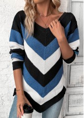 Blue tops,Contrast Color tops,Patchwork Blue V Neck Long Sleeve Sweater