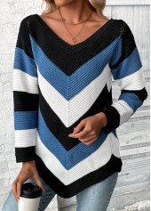 Blue tops,Contrast Color tops,Patchwork Blue V Neck Long Sleeve Sweater