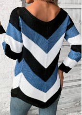 Blue tops,Contrast Color tops,Patchwork Blue V Neck Long Sleeve Sweater