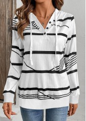 White tops,Striped tops,Geometric tops,ROTITA Drawstring Striped White Long Sleeve Hoodie