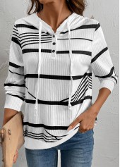 White tops,Striped tops,Geometric tops,ROTITA Drawstring Striped White Long Sleeve Hoodie