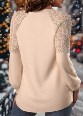 Skin Color tops,Christmas tops,ROTITA Christmas Lace Skin Color Round Neck Long Sleeve Sweatshirt