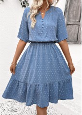 Dusty Blue dresses,Dot dresses,Everyday dresses,Casual dresses,ROTITA Polka Dot Dusty Blue Split Neck Short Sleeve Dress