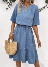 Dusty Blue dresses,Dot dresses,Everyday dresses,Casual dresses,ROTITA Polka Dot Dusty Blue Split Neck Short Sleeve Dress