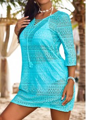 Cyan swimwear,Plain Color swimwear,ROTITA V Neck Jacquard Cyan Cover Up
