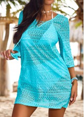 Cyan swimwear,Plain Color swimwear,ROTITA V Neck Jacquard Cyan Cover Up