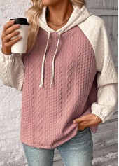 Pink tops,Contrast Color tops,ROTITA Patchwork Jacquard Pink Long Sleeve Hoodie