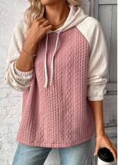 Pink tops,Contrast Color tops,ROTITA Patchwork Jacquard Pink Long Sleeve Hoodie