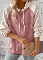 Pink tops,Contrast Color tops,ROTITA Patchwork Jacquard Pink Long Sleeve Hoodie