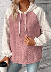 Pink tops,Contrast Color tops,ROTITA Patchwork Jacquard Pink Long Sleeve Hoodie