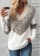 Patchwork Leopard Helles Kamel V-Ausschnitt Langarm Pullover