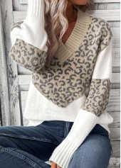 Light Camel tops,Leopard tops,Animal Print tops,Patchwork Leopard Light Camel V Neck Long Sleeve Sweater