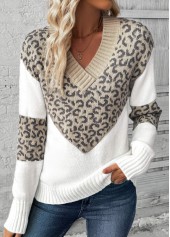 Light Camel tops,Leopard tops,Animal Print tops,Patchwork Leopard Light Camel V Neck Long Sleeve Sweater