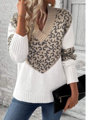 Light Camel tops,Leopard tops,Animal Print tops,Patchwork Leopard Light Camel V Neck Long Sleeve Sweater
