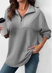 Grey tops,Plain Color tops,ROTITA Tummy Coverage Grey Turn Down Collar Long Sleeve Sweatshirt