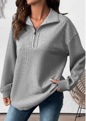 Grey tops,Plain Color tops,ROTITA Tummy Coverage Grey Turn Down Collar Long Sleeve Sweatshirt
