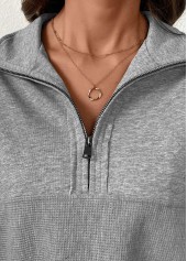 Grey tops,Plain Color tops,ROTITA Tummy Coverage Grey Turn Down Collar Long Sleeve Sweatshirt