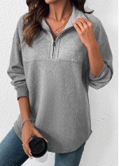 ROTITA Tummy Coverage Grey Turn Down Collar Long Sleeve Sweatshirt