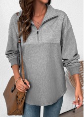 Grey tops,Plain Color tops,ROTITA Tummy Coverage Grey Turn Down Collar Long Sleeve Sweatshirt