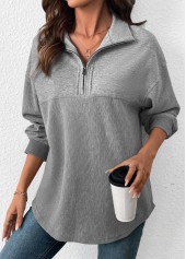Grey tops,Plain Color tops,ROTITA Tummy Coverage Grey Turn Down Collar Long Sleeve Sweatshirt