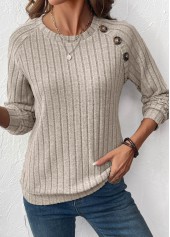 Light Coffee tops,Plain Color tops,ROTITA Patchwork Light Coffee Round Neck Long Sleeve Sweatshirt