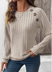 Light Coffee tops,Plain Color tops,ROTITA Patchwork Light Coffee Round Neck Long Sleeve Sweatshirt