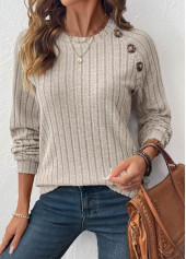 Light Coffee tops,Plain Color tops,ROTITA Patchwork Light Coffee Round Neck Long Sleeve Sweatshirt