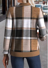 Dark Coffee tops,Plaid tops,ROTITA Zipper Plaid Dark Coffee Stand Collar Long Sleeve Jacket