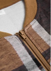 Dark Coffee tops,Plaid tops,ROTITA Zipper Plaid Dark Coffee Stand Collar Long Sleeve Jacket