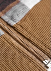 Dark Coffee tops,Plaid tops,ROTITA Zipper Plaid Dark Coffee Stand Collar Long Sleeve Jacket