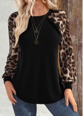 Rotita-Patchwork-Leoparden-Sweatshirt in Schwarz mit Rundhalsausschnitt und langen Ärmeln