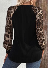 Black tops,Leopard tops,ROTITA Patchwork Leopard Black Round Neck Long Sleeve Sweatshirt