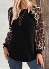 Black tops,Leopard tops,ROTITA Patchwork Leopard Black Round Neck Long Sleeve Sweatshirt