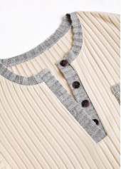 Beige tops,Contrast Color tops,ROTITA Button Beige Split Neck Long Sleeve Sweatshirt