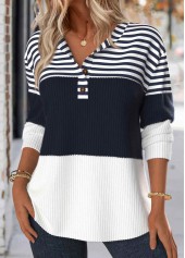 Navy plus size,Striped plus size,Geometric plus size,ROTITA Plus Size Button Navy Striped Split Neck Sweatshirt