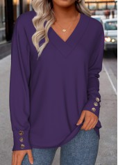 Purple tops,Plain Color tops,ROTITA Button Purple V Neck Long Sleeve Sweatshirt