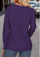 Purple tops,Plain Color tops,ROTITA Button Purple V Neck Long Sleeve Sweatshirt