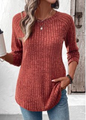 ROTITA Curved Hem Brick Red Round Neck T Shirt