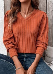 Terracotta tops,Plain Color tops,ROTITA Tummy Coverage Terracotta V Neck Long Sleeve T Shirt