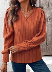 Terracotta tops,Plain Color tops,ROTITA Tummy Coverage Terracotta V Neck Long Sleeve T Shirt