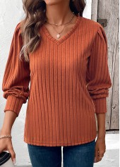 Terracotta tops,Plain Color tops,ROTITA Tummy Coverage Terracotta V Neck Long Sleeve T Shirt
