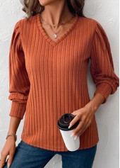 Terracotta tops,Plain Color tops,ROTITA Tummy Coverage Terracotta V Neck Long Sleeve T Shirt
