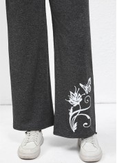 Dark Grey bottoms,Animal Print bottoms,Drawstring Butterfly Print Dark Grey Wide Leg Pants